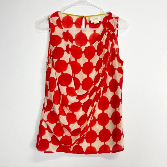 Maeve Anthropologie Blouse Womens Size 6 Red Ivory Geometric Draped Top Silk - Picture 1 of 8